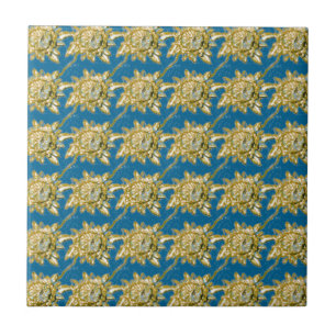 Yellow Floral Pattern on green blue background Ceramic Tile