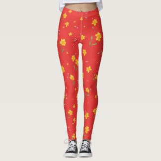 Yellow Floral Pattern on Red Leggings