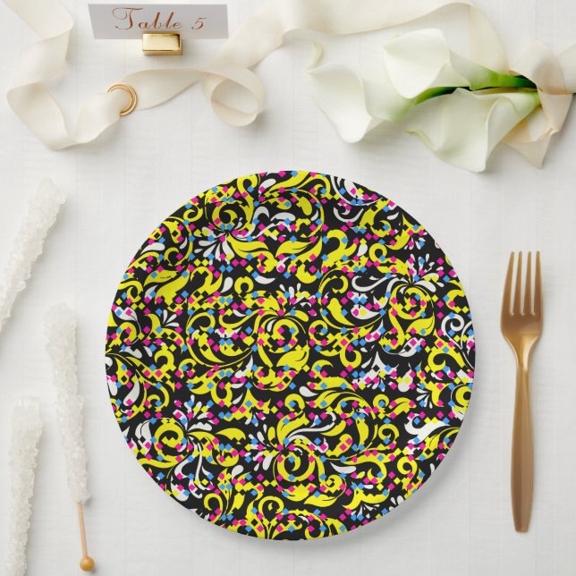 Yellow floral pattern paper plate (Wedding)