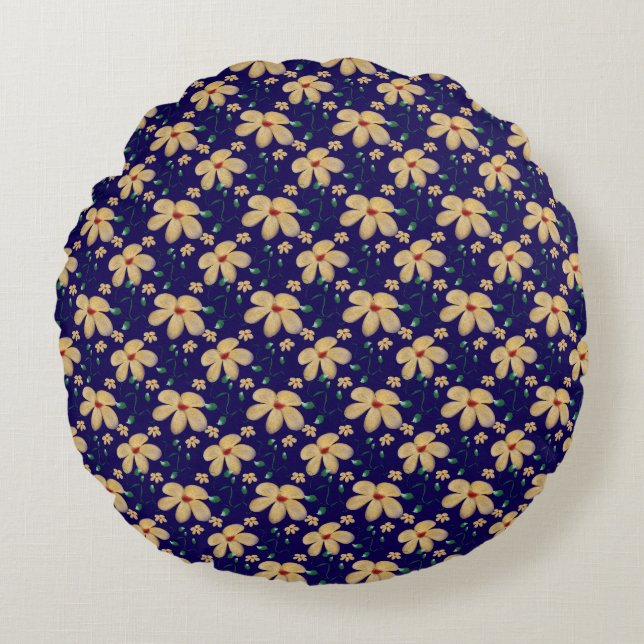 Yellow floral pattern  round cushion (Front)