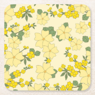 Yellow Floral Pattern Square Paper Coaster