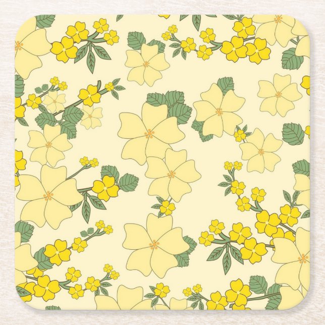 Yellow Floral Pattern Square Paper Coaster (Front)
