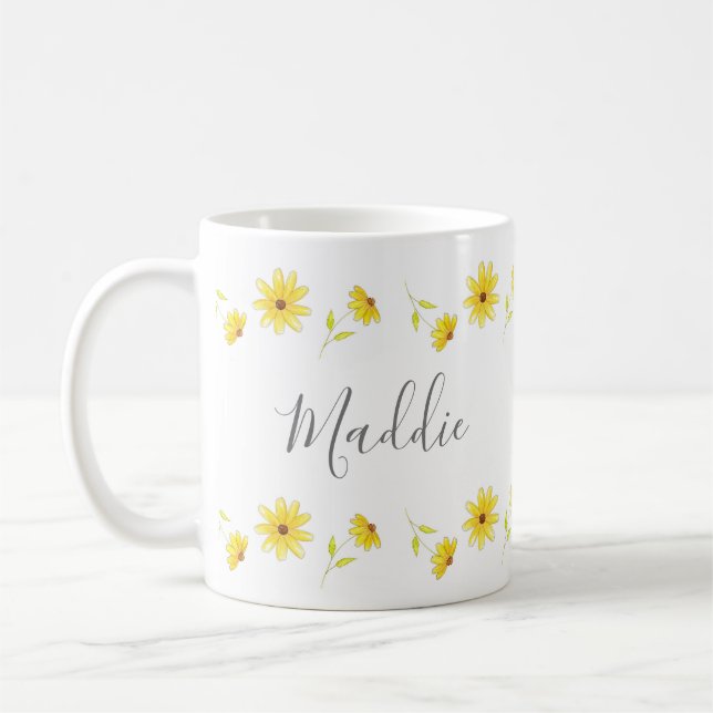 Yellow Floral Pen and Watercolor Pattern Coffee Mug (Left)
