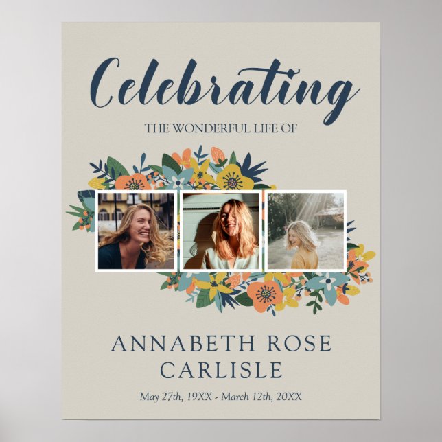 Yellow Floral Photo Collage Funeral Welcome Poster (Front)