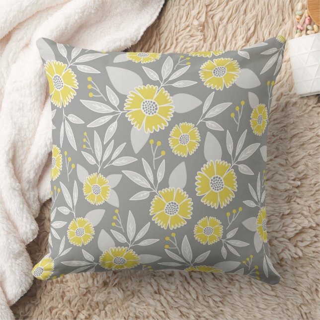 Yellow Floral Pillow Cover, Grey and Yellow (Blanket)