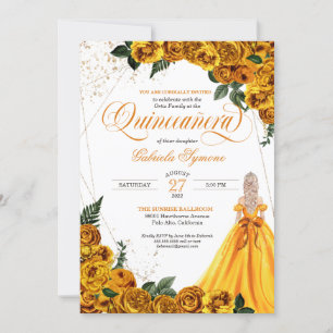 Yellow Floral Rose & Gold Elegant Quinceañera Invi Invitation