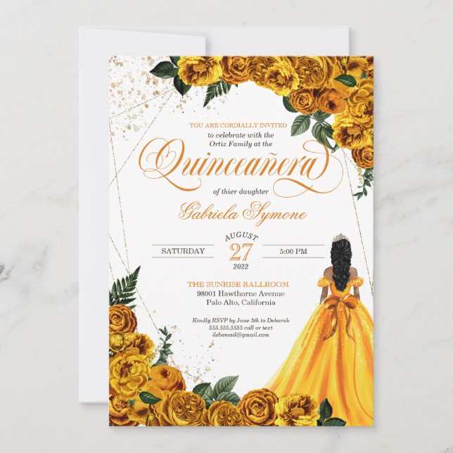 Yellow Floral Rose & Gold Elegant Quinceañera Invi Invitation (Front)