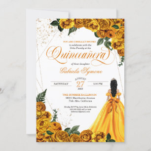 Yellow Floral Rose & Gold Elegant Quinceañera Invitation