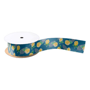 Yellow Floral Rose on blue Satin Ribbon