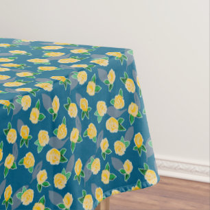 Yellow Floral Rose on blue Tablecloth