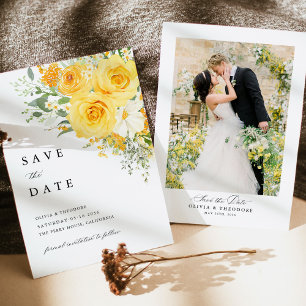Yellow Floral Rose Wedding Photo Back Save The Date