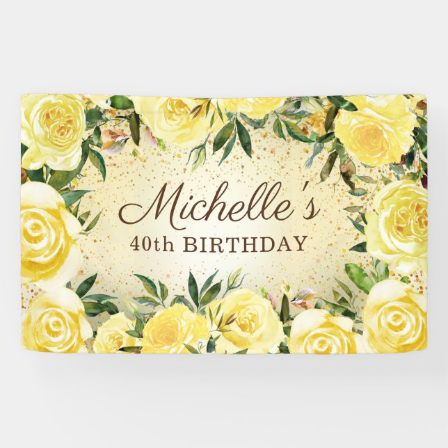Yellow Floral Roses Gold Glitter 40th Birthday Banner (Horizontal)