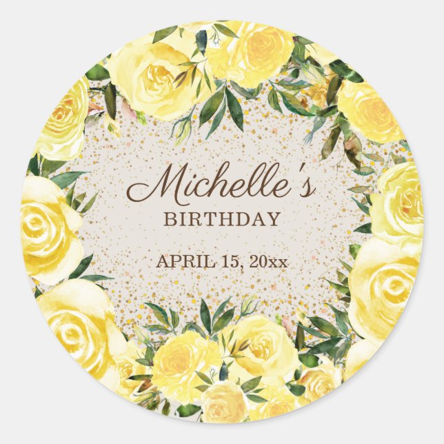 Yellow Floral Roses Gold Glitter Birthday Name Classic Round Sticker (Front)