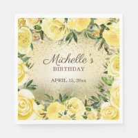 Yellow Floral Roses Gold Glitter Birthday Name