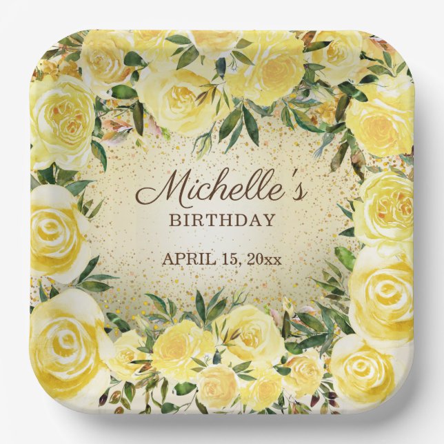 Yellow Floral Roses Gold Glitter Birthday Name  Pa Paper Plate (Front)