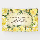 Yellow Floral Roses Gold Glitter Happy Birthday