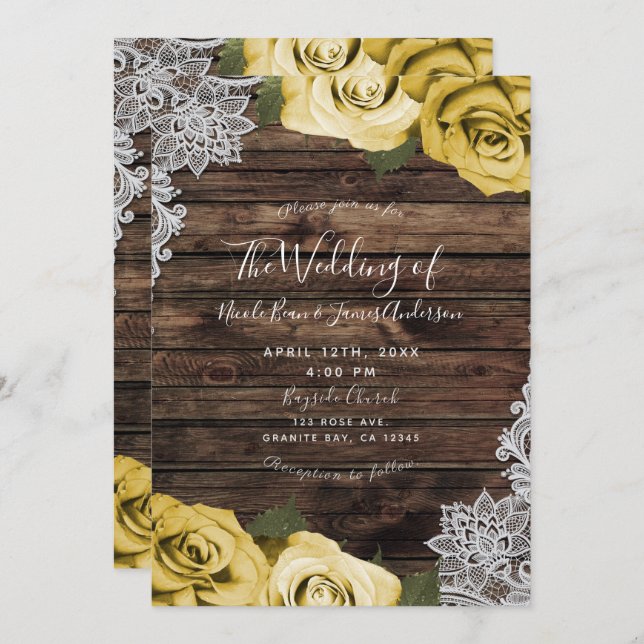 Yellow Floral Roses & Rustic Wood Lace Wedding Invitation (Front/Back)