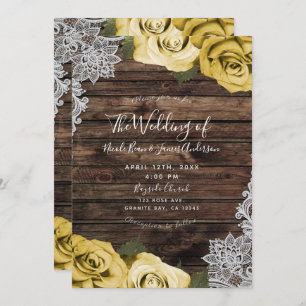 Yellow Floral Roses & Rustic Wood Lace Wedding Invitation