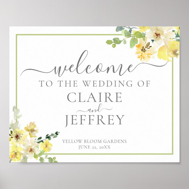 Yellow Floral Sage Green Summer Wedding Welcome Poster (Front)