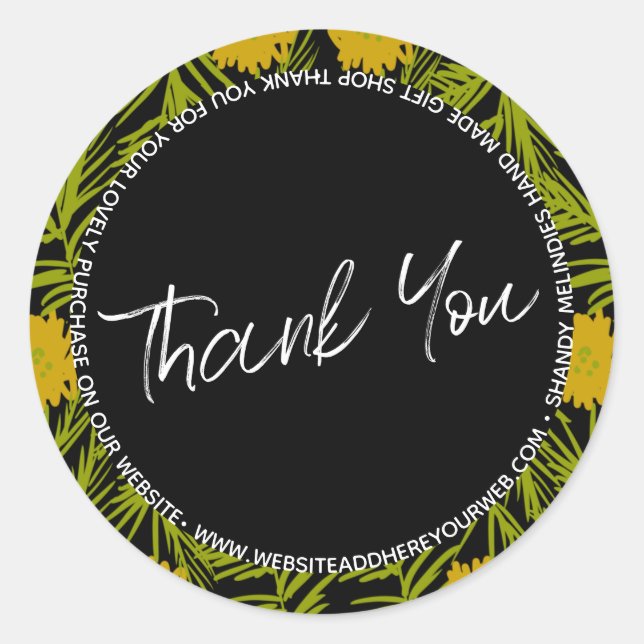 Yellow Floral Script Business Thank You    Classic Round Sticker (Front)
