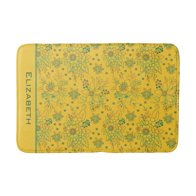 Yellow floral seamless pattern personalised name bath mat (Front)