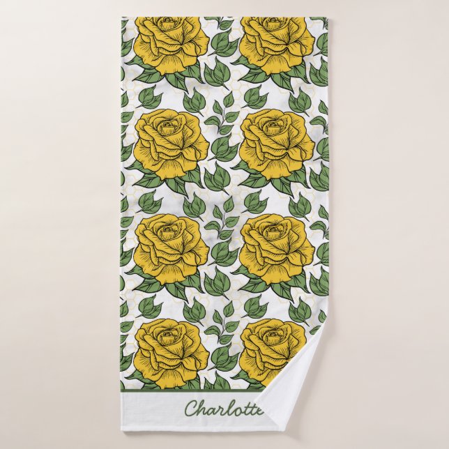 Yellow floral seamless pattern personalised name  bath towel (Bath Towel)