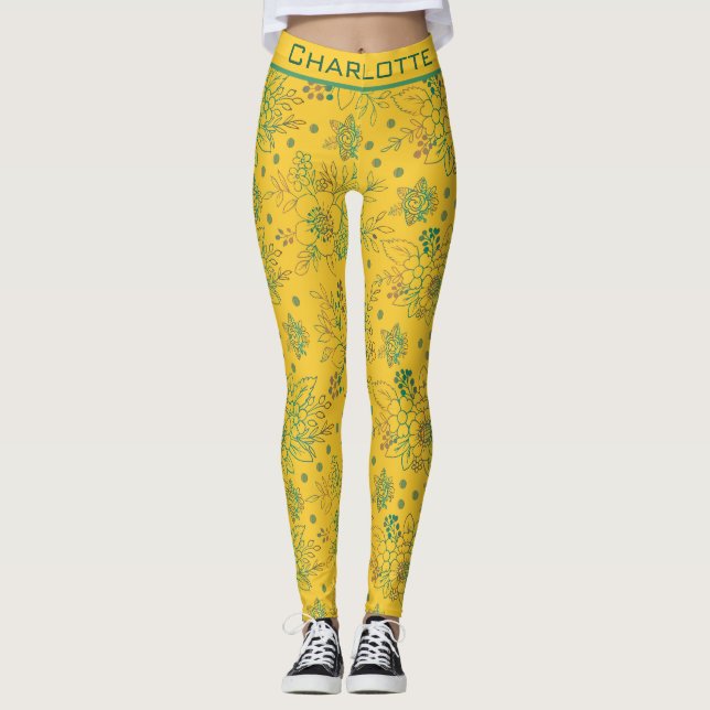 Yellow floral seamless pattern personalised name  leggings (Front)
