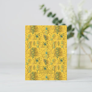 Yellow floral seamless pattern personalised name postcard