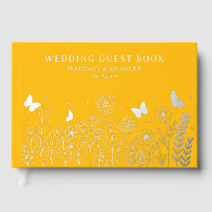 Yellow Floral Silver Foil Wedding Guest Book