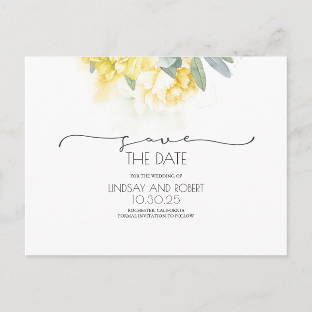 Yellow Floral Soft Greenery Save the Date Announcement Postcard (Front)