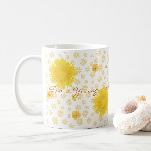 Yellow Floral Spring Watercolor Personalized Name  Coffee Mug (With Donut)