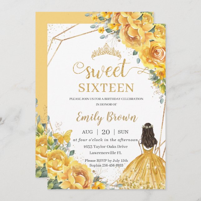 Yellow Floral Sweet 16 Birthday Princess Crown Invitation (Front/Back)