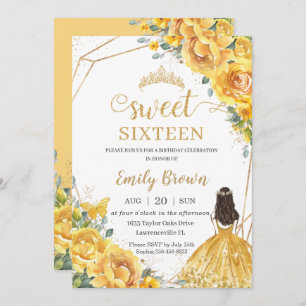 Yellow Floral Sweet 16 Birthday Princess Crown Invitation