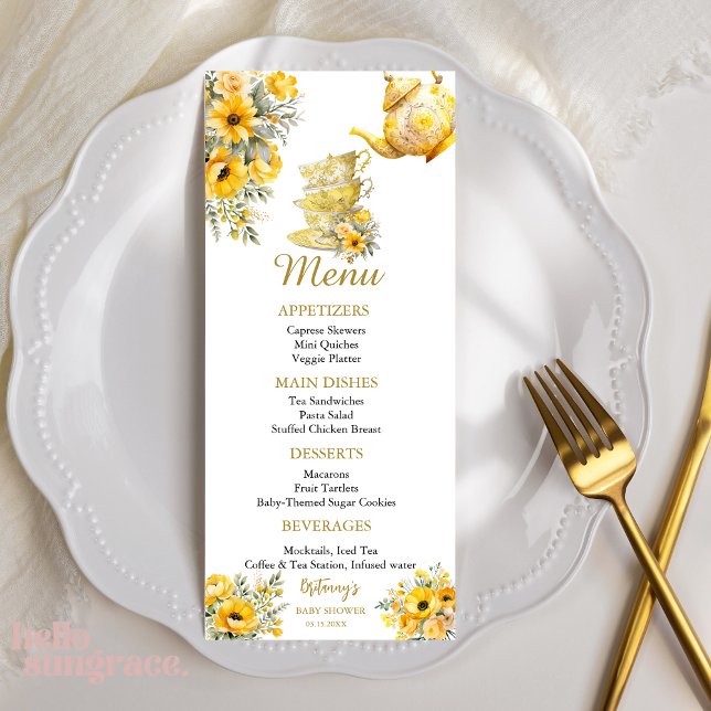 Yellow Floral tea cups with teapot baby shower Menu (Creator Uploaded)