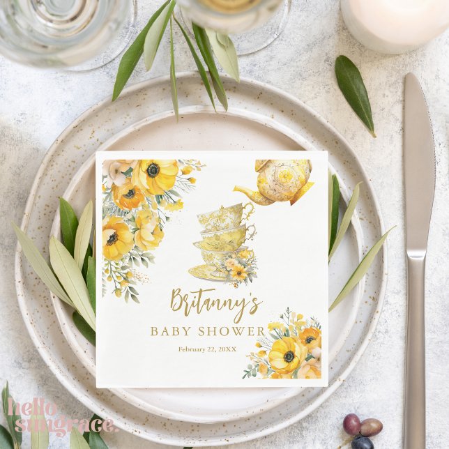 Yellow Floral Tea Party Cups Baby Shower  Napkin (Creator Uploaded)