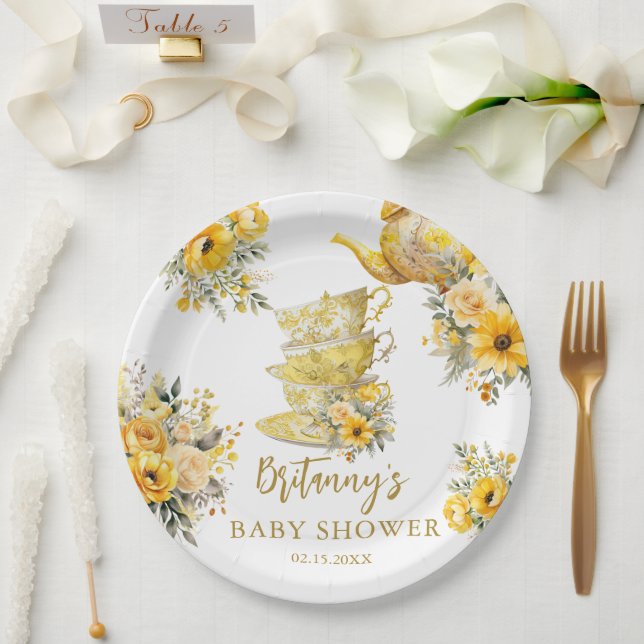 Yellow Floral Tea Party Cups Baby Shower Paper Plate (Wedding)