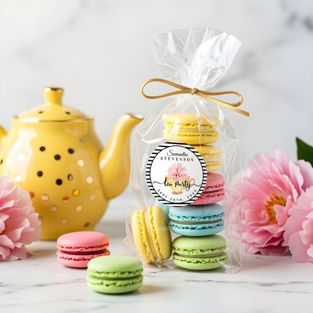 Yellow Floral Tea Party Teacup Stripe Baby Shower Classic Round Sticker (Yellow Floral Tea Party Teacup Stripe Baby Shower Classic Round Sticker)