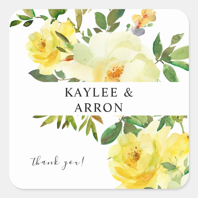 Yellow Floral Thank You Square Sticker (Front)