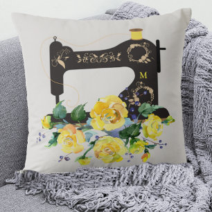 Yellow Floral Vintage Sewing Machine Monogram Cushion