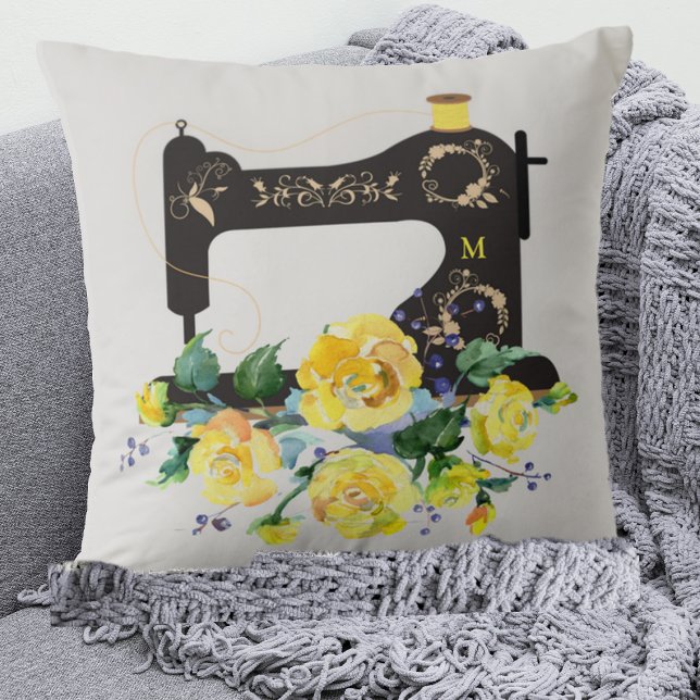 Yellow Floral Vintage Sewing Machine Monogram Cushion (Creator Uploaded)