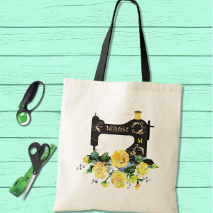 Yellow Floral Vintage Sewing Machine Monogram  Tote Bag