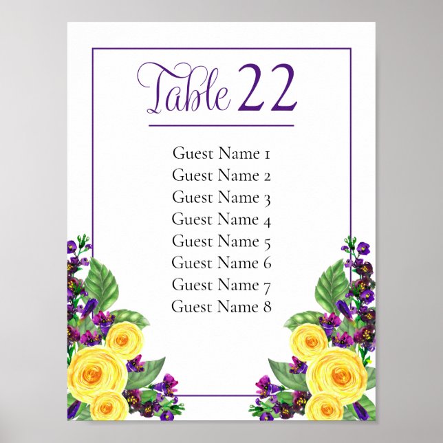 Yellow Floral | Violets Table Number Seating Sign (Front)