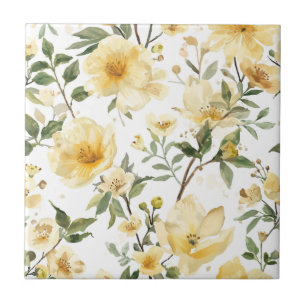 Yellow Floral Watercolor Botanical Garden Ceramic Tile