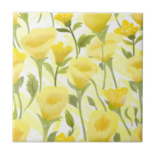 Yellow Floral Watercolor Painting Ceramic Tile