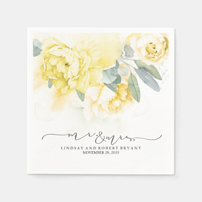 Yellow Floral Watercolor Wedding Napkins (Front)