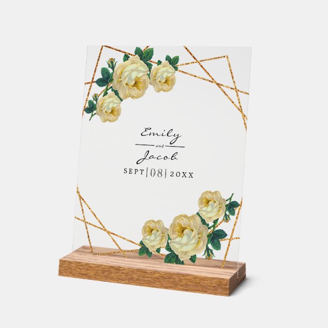 Yellow Floral Wed Elegant Gold Glitter Geometric Acrylic Sign (Angle)