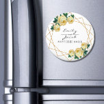 Yellow Floral Wed Elegant Gold Glitter Geometric Magnet<br><div class="desc">The wedding design features an elegant faux gold glitter geometric frame pattern. Overlaid with watercolor roses and greenery foliage on two corners. Personalize this template to add your information. Click to customize further to make more changes. Everything is customizable.</div>