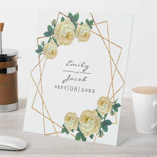 Yellow Floral Wed Elegant Gold Glitter Geometric Pedestal Sign (In SItu)