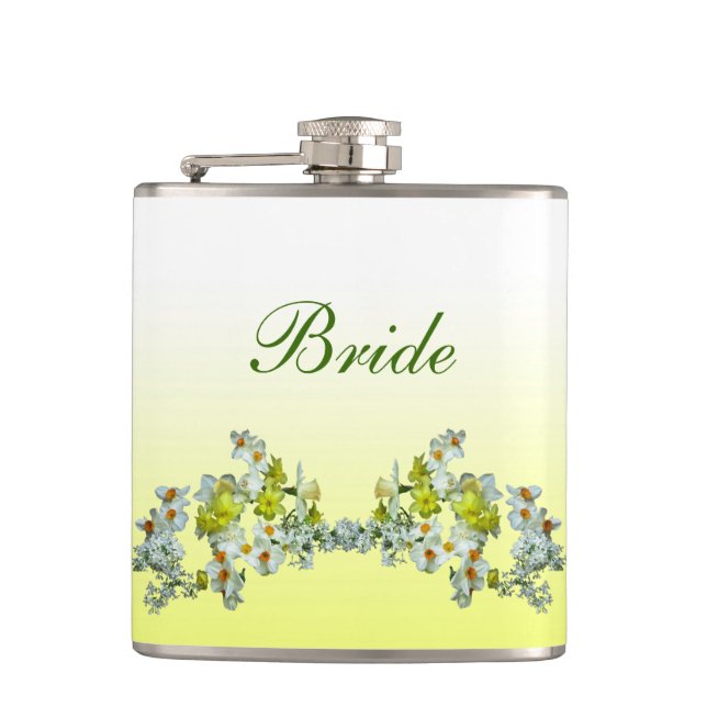 Yellow Floral Wedding Brides Hip Flask (Front)