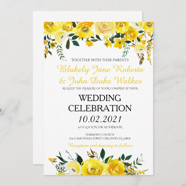 Yellow Floral Wedding Invitation (Front/Back)